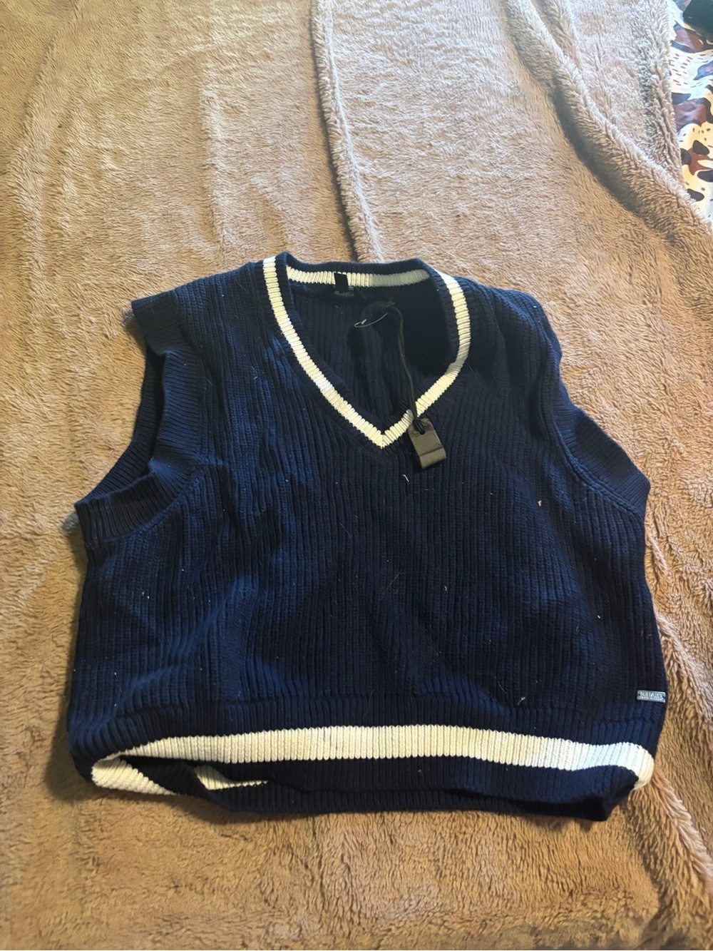 Buffalo David Bitton Navy Knit V-Neck Vest with White Stripe